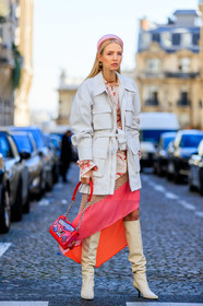 beige boots, earrings, eyeshadow, graphic bag, graphic dress, headband, high boots, high heels, leather bag, leather shoes, leonie hanne, louis vuitton, pink bag, pink dress, printed bag, printed dress, red bag, white jacket, fashion week, frenchystyle, FW, jonathan paciullo, street style, PFW, PARIS, AUTUMN WINTER 2019-2020, AW 19-20, FALL WINTER 2019-2020, FW 19-20, vertical, full length