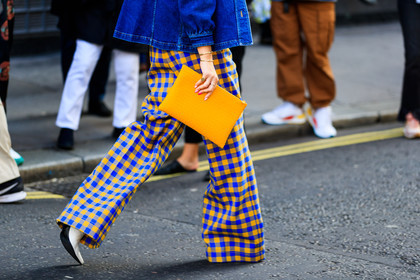 blue denim, checked, denim jacket, emili sindlev, graphic pants, high heels, leather bag, leather shoes, plaid, printed pants, trousers, wide pant, yellow bag, yellow pants, fashion week, frenchystyle, FW, jonathan paciullo, street style, LFW, LONDON, SPRING SUMMER 2019, SS 19, atmosphere details, horizontal, detail