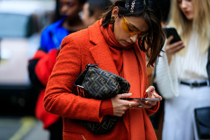 brown bag, fendi, graphic bag, hair clip, leather bag, monogram, orange coat, orange scarf, printed bag, rings, sunglasses, street style, jonathan paciullo, FW, frenchystyle, fashion week, LFW, LONDON, AUTUMN WINTER 2019-2020, AW 19-20, FW 19-20, FALL WINTER 2019-2020, horizontal, atmosphere details, detail