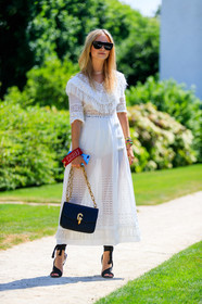 black bag, black shoes, bracelet, christian dior, graphic dress, high heels, lace dress, leather bag, leather shoes, printed dress, sunglasses, white dress, fashion week, frenchystyle, FW, jonathan paciullo, street style, PFW, PARIS, vertical, full length, AUTUMN WINTER 2018-2019, FALL WINTER 2018-2019, FW 18-19, Charlotte Groeneveld