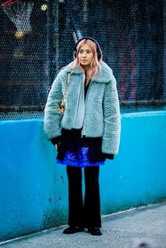 black pants, furry coat, blue coat, pink hair, dyed hair, fluffy coat, black derbies, leather derbies, black dress, lace skirt, blue lace details, pleated mini skirt, black jumper, the arrivals coat, fashion week, frenchystyle, FW, jonathan paciullo, street style, NYFW, NEW YORK, AUTUMN WINTER 2022-2023, FALL WINTER 2022_2023, FW 22-23, vertical, full length