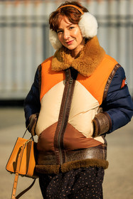 furry headphones, white headphones, puffy winter jacket, leather jacket, multicolor stripe jacket, orange handbag, details, close up, alyssa coscarelli, fashion week, frenchystyle, FW, jonathan paciullo, street style, NYFW, NEW YORK, AUTUMN WINTER 2022-2023, FALL WINTER 2022_2023, FW 22-23, vertical, atmosphere details