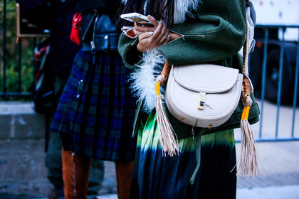 atmosphere details, AUTUMN WINTER 2016-2017, AW 16-17, detail, fashion week, frenchystyle, fringes, FW, FW 16-17, green coat, horizontal, iphone, jonathan paciullo, leather bag, NEW YORK, NYFW, pleated pants, pleated skirt, pompons, sheep fur, street style, tartan, tie & die, white bag, white fur, woman, wool jacket