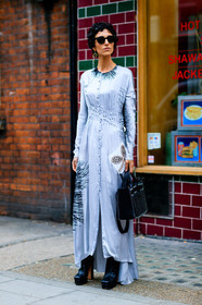 black bag, black boots, fashion week, frenchystyle, full length, FW, grey dress, high heels, jonathan paciullo, leather bag, leather boots, leather shoes, LFW, LONDON, long dress, printed dress, silk dress, silver dress, SPRING SUMMER 2017, SS 17, street style, studded bag, sunglasses, vertical, woman, yasmin sewell
