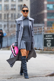 AUTUMN WINTER 2016-2017, AW 16-17, camila coelho, fashion week, frenchystyle, full length, fun bag, fur bag, FW, FW 16-17, grey coat, grey dress, grey heels, high boots, high heels, jonathan paciullo, leather boots, NEW YORK, NYFW, pink clutch, pink fur, pleated skirt, street style, sunglasses, tone on tone, total look grey, vertical, woman
