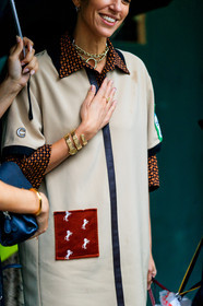 beige dress, beige jacket, bulgari, chloé, necklace, printed dress, watch, yasmin sewell, street style, jonathan paciullo, FW, frenchystyle, fashion week, NYFW, NEW YORK, SPRING SUMMER 2019, SS 19, vertical, detail, atmosphere details