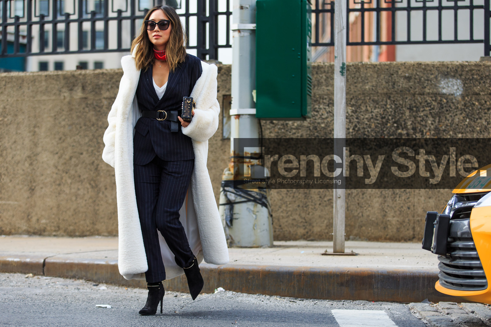 aimee song, atmosphere details, AUTUMN WINTER 2016-2017, AW 16-17, black belt, black boots, blazer, blue pants, blue suit, fashion week, frenchystyle, full length, fur coat, FW, FW 16-17, high heels, horizontal, jonathan paciullo, leather belt, louis vuitton, mini bag, monogram, navy jacket, navy suit, NEW YORK, NYFW, red bandana, red scarf, street style, striped pants, striped suit, suede shoes, sunglasses, tied up belt, white fur, woman
