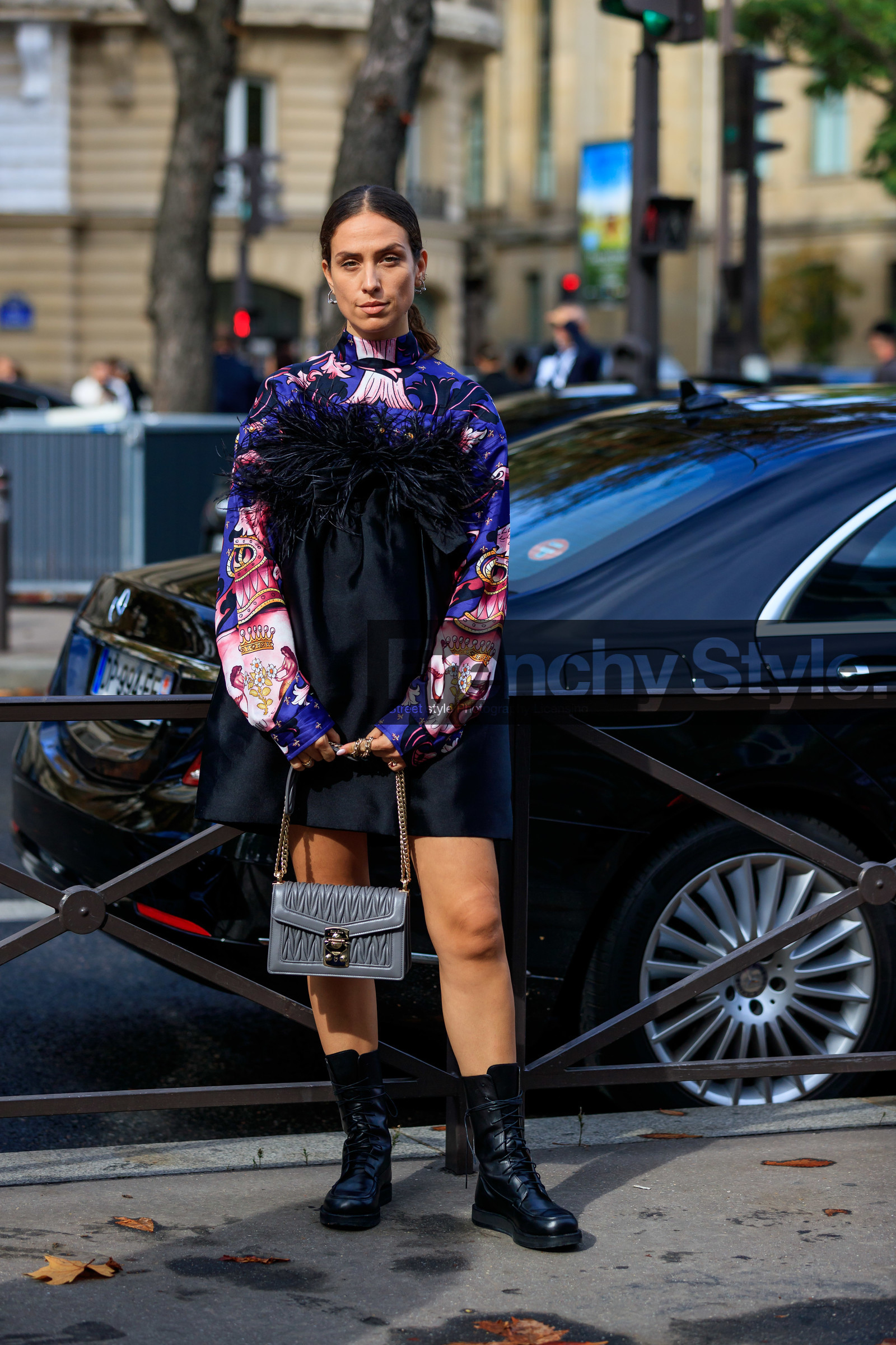 erika boldrin, black dress, satin dress, feather dress, strapless dress, mini dress, black leather boots, flat boots, laced boots, grey leather bag, pleated bag, silvered chain necklace, silvered earrings, hoop earrings, blue blouse, light pink blouse, cachemere printed blouse, floral printed blouse, high collar blouse, miu miu bag, miu miu blouse, miu miu dress, miu miu look, PARIS, PFW, SPRING SUMMER 2020, SS 20, fashion week, frenchystyle, FW, jonathan paciullo, street style, vertical, full length