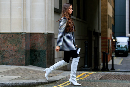 balenciaga, black and white, blazer, checked, erika boldrin, gingham, graphic jacket, high boots, high heels, leather shoes, plaid, printed jacket, white boots, street style, jonathan paciullo, FW, frenchystyle, fashion week, LFW, LONDON, AUTUMN WINTER 2019-2020, AW 19-20, FW 19-20, FALL WINTER 2019-2020, horizontal, atmosphere details, full length
