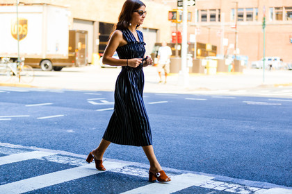 atmosphere details, blue dress, brown shoes, detail, fashion week, frenchystyle, FW, geometric, graphic dress, high heels, horizontal, jonathan paciullo, Lainy Hedaya, mules, NEW YORK, NYFW, SPRING SUMMER 2017, SS 17, street style, striped dress, stripes, suede shoes, sunglasses, woman