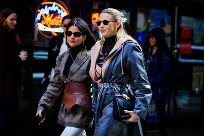 belt, black bag, black turtleneck, brown belt, brown jacket, chanel, checked, checked jacket, earrings, graphic bag, graphic jacket, leather bag, leather belt, leather coat, loewe, pink dress, plaid, printed bag, printed jacket, sunglasses, tartan, trousers, street style, jonathan paciullo, FW, frenchystyle, fashion week, NYFW, NEW YORK, AUTUMN WINTER 2018-2019, AW 18-19, FALL WINTER 2018-2019, FW 18-19, atmosphere details, horizontal, detail, Lainy Hedaya