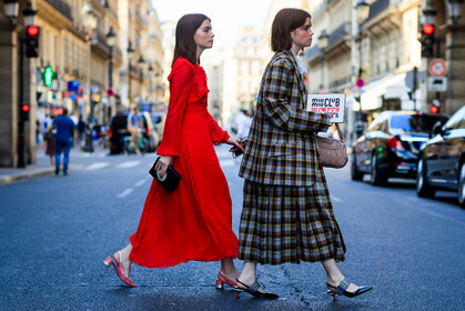 black shoes, blazer, checked, checked jacket, embroidered bag, graphic bag, graphic jacket, graphic skirt, leather bag, leather shoes, miu miu, pink bag, pink shoes, plaid, pleated skirt, printed bag, printed jacket, printed skirt, red dress, white shirt, fashion week, frenchystyle, FW, jonathan paciullo, street style, PFW, PARIS, atmosphere details, horizontal, full length, AUTUMN WINTER 2018-2019, FALL WINTER 2018-2019, FW 18-19, molly and reese blustein
