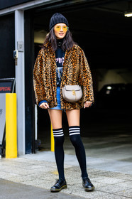 animal print, AUTUMN WINTER 2017-2018, AW 17-18, black beanie, black shoes, black socks, black t shirt, blue denim, brown jacket, chloe, denim shorts, dr martens, FALL WINTER 2017-2018, fashion week, frenchystyle, full length, fur jacket, FW, FW 17-18, grey bag, high socks, jonathan paciullo, leather bag, leather shoes, leopard, leopard print, model, NEW YORK, NYFW, printed jacket, street style, sunglasses, vertical