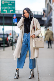 AUTUMN WINTER 2016-2017, AW 16-17, black fur, black scarf, blue denim, denim pants, dyed hair, FALL WINTER 2016-2017, fashion week, frenchystyle, full length, fur collar, fur collard, FW, FW 16-17, high heels, jeans, jonathan paciullo, leather bag, leather boots, NEW YORK, NYFW, silver shoes, street style, trousers, vertical, white bag, white coat, woman