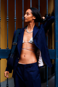navy blue jacket, navy blue pants, navy blue suits, laced bra, silver necklace, big chain necklace, nose piercing, cropped top, bra, mona tougg, mona tougaard, street style, jonathan paciullo, FW, frenchystyle, fashion week, MFW, MILAN, SPRING SUMMER 2021, SS 21, vertical, detail, model