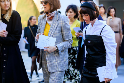 black dress, blazer, checked, christian dior, graphic jacket, graphic pants, grey jacket, grey pants, grey suit, headband, plaid, prada, printed jacket, printed pants, printed scarf, sunglasses, trousers, white scarf, white shirt, yellow sweater, fashion week, frenchystyle, FW, jonathan paciullo, street style, PFW, PARIS, AUTUMN WINTER 2019-2020, AW 19-20, FALL WINTER 2019-2020, FW 19-20, horizontal, atmosphere details, detail
