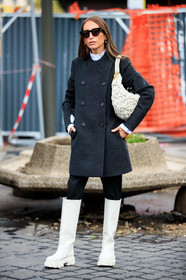chloe loulou de saison, dark grey coat, white leather boots, white leather bag, plaited bag, shoulder bag, bottega veneta bag, high boots, flat boots, big sole boots, tol sunglasses, coperni coat, fashion week, frenchystyle, FW, jonathan paciullo, street style, PFW, PARIS, SPRING SUMMER 2021, SS 21, vertical, full length
