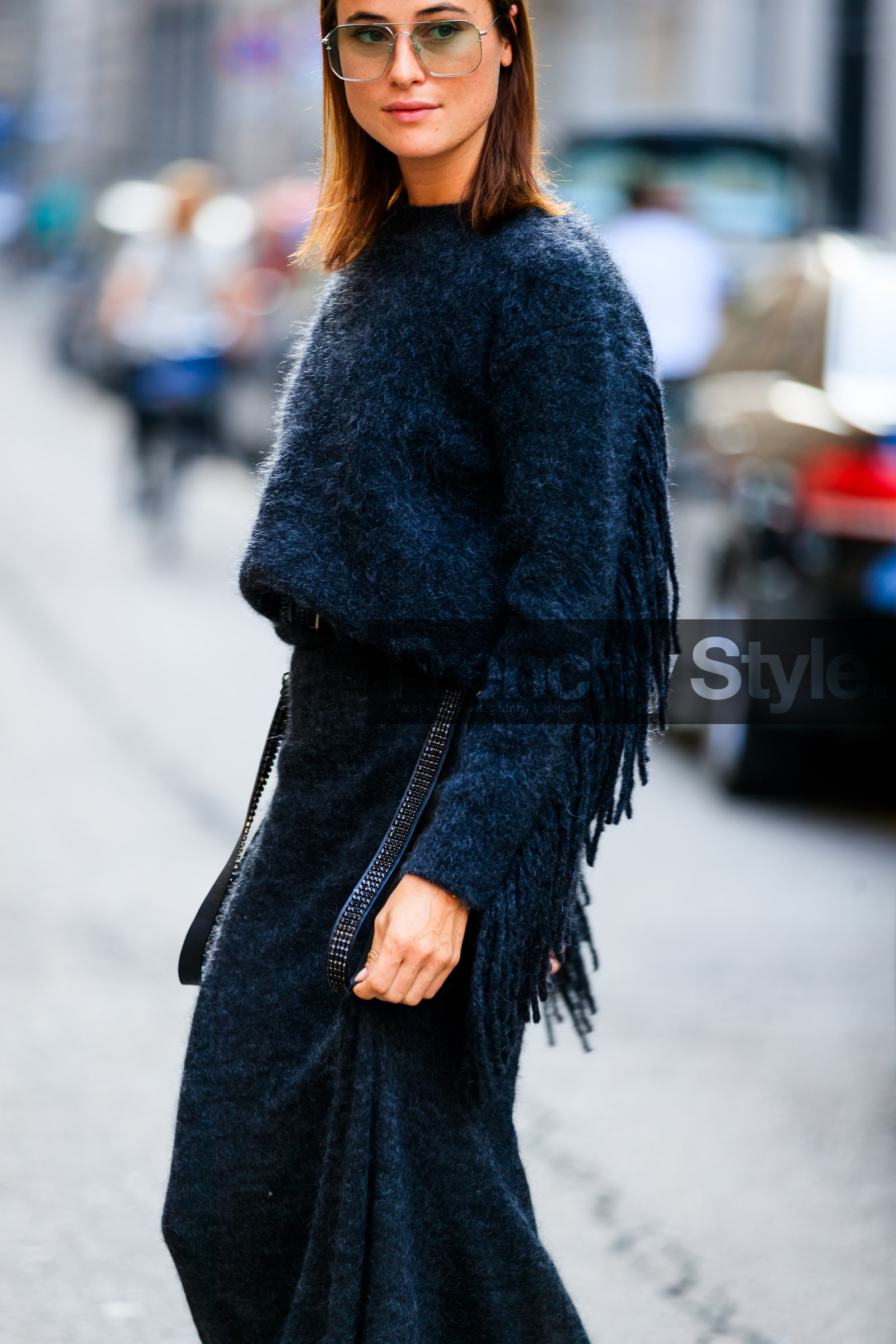 black belt, fringes, grey skirt, grey sweater, lena lademann, studs, sunglasses, fashion week, frenchystyle, FW, jonathan paciullo, street style, MFW, MILAN, SPRING SUMMER 2019, SS 19, vertical, atmosphere details, detail