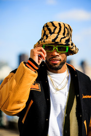 details, close up, jewelry, overlayed necklaces, bucket hat, animal print hat, white tshirt, green sunglasses, groovy sunglasses, baseball jacket, fashion week, frenchystyle, FW, jonathan paciullo, street style, NYFW, NEW YORK, AUTUMN WINTER 2022-2023, FALL WINTER 2022_2023, FW 22-23, vertical, atmosphere details