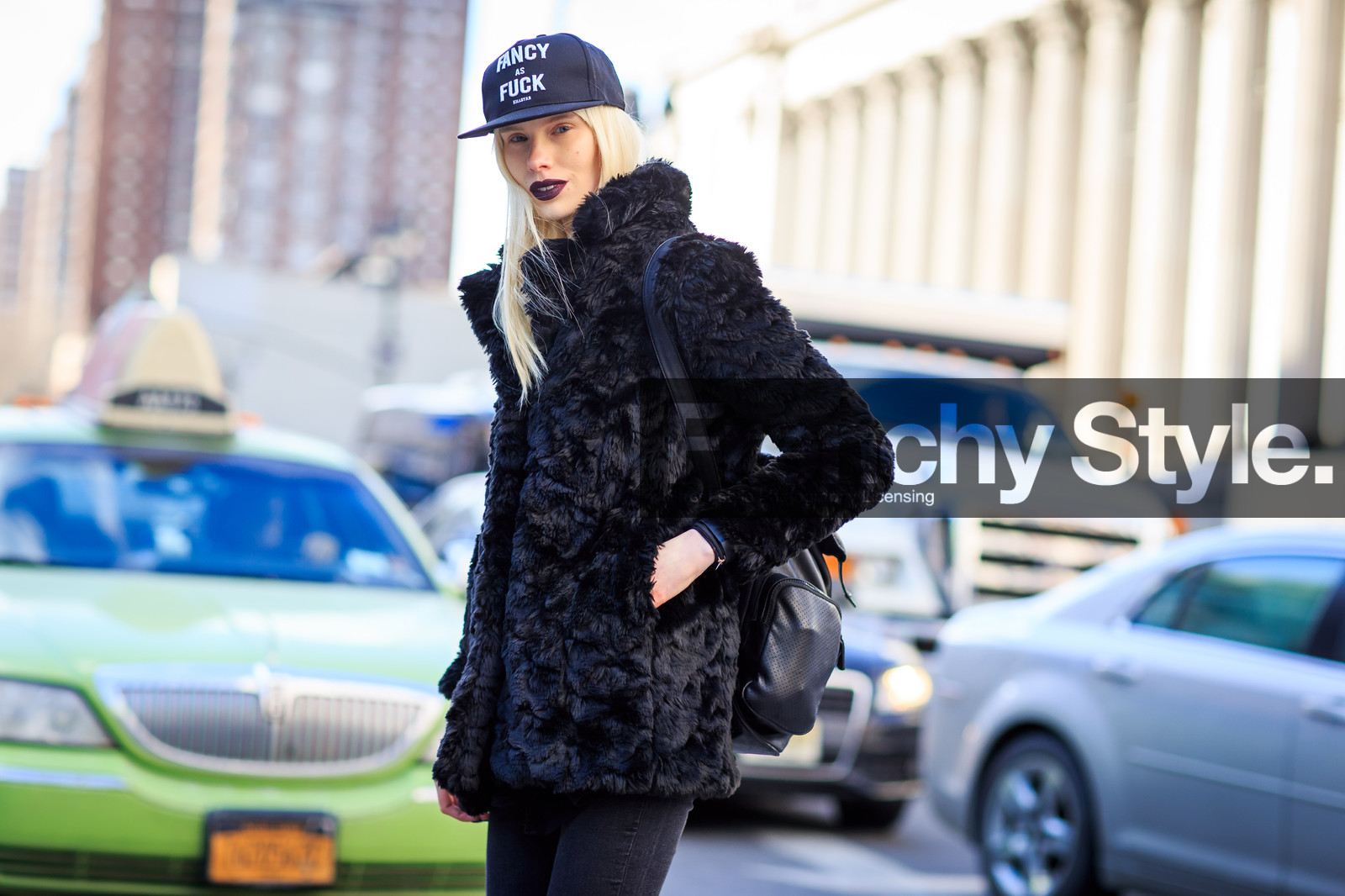 atmosphere details, AUTUMN WINTER 2016-2017, AW 16-17, backpack, black cap, black coat, black denim, black fur, black jacket, black lips, denim pants, detail, FALL WINTER 2016-2017, fashion week, frenchystyle, fur coat, FW, FW 16-17, horizontal, jonathan paciullo, leather bag, lipstick, message, model, NEW YORK, NYFW, sally jonsson, street style, woman
