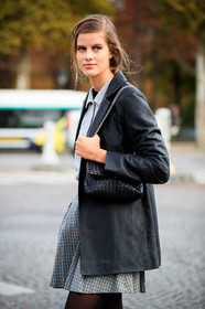 barbora podzimkova, light grey pullover, grey skirt, checked skirt, pleated skirt, mini skirt, school girl look, black leather jacket, black tights, make up, make up details, black eyeliner, black eyeshadows, PARIS, PFW, fashion week, frenchystyle, FW, jonathan paciullo, street style, SPRING SUMMER 2021, SS 21, vertical, atmosphere details, detail, model