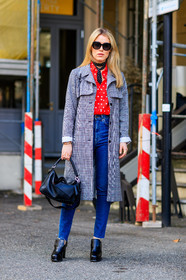 Annabel Rosendahl, AUTUMN WINTER 2017-2018, AW 17-18, black bag, black scarf, black shoes, blue denim, checked coat, FALL WINTER 2017-2018, fashion week, frenchystyle, full length, FW, FW 17-18, graphic coat, grey coat, high heels, jeans, jonathan paciullo, leather bag, leather shoes, MFW, MILAN, plaid, polka dot, printed coat, printed shirt, red shirt, street style, sunglasses, trousers, vertical
