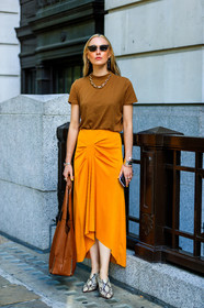animal print, beige shoes, brown bag, brown t shirt, flora macdonald johnston, leather bag, leather shoes, necklace, orange skirt, snake print, sunglasses, fashion week, frenchystyle, FW, jonathan paciullo, street style, LFW, LONDON, SPRING SUMMER 2019, SS 19, vertical, full length