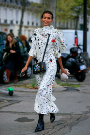 model, Liya Kebede, white dress, long dress, silk dress, printed dress, stars printed dress, high collar dress, mid long sleeves dress, big collar, ruffle dress, balloon sleeves, valentino bag, valentino dress, black leather bag, crossbody bag, animal printed bag, black leather boots, valentino look, PARIS, PFW, SPRING SUMMER 2020, SS 20, fashion week, frenchystyle, FW, jonathan paciullo, street style, vertical, full length