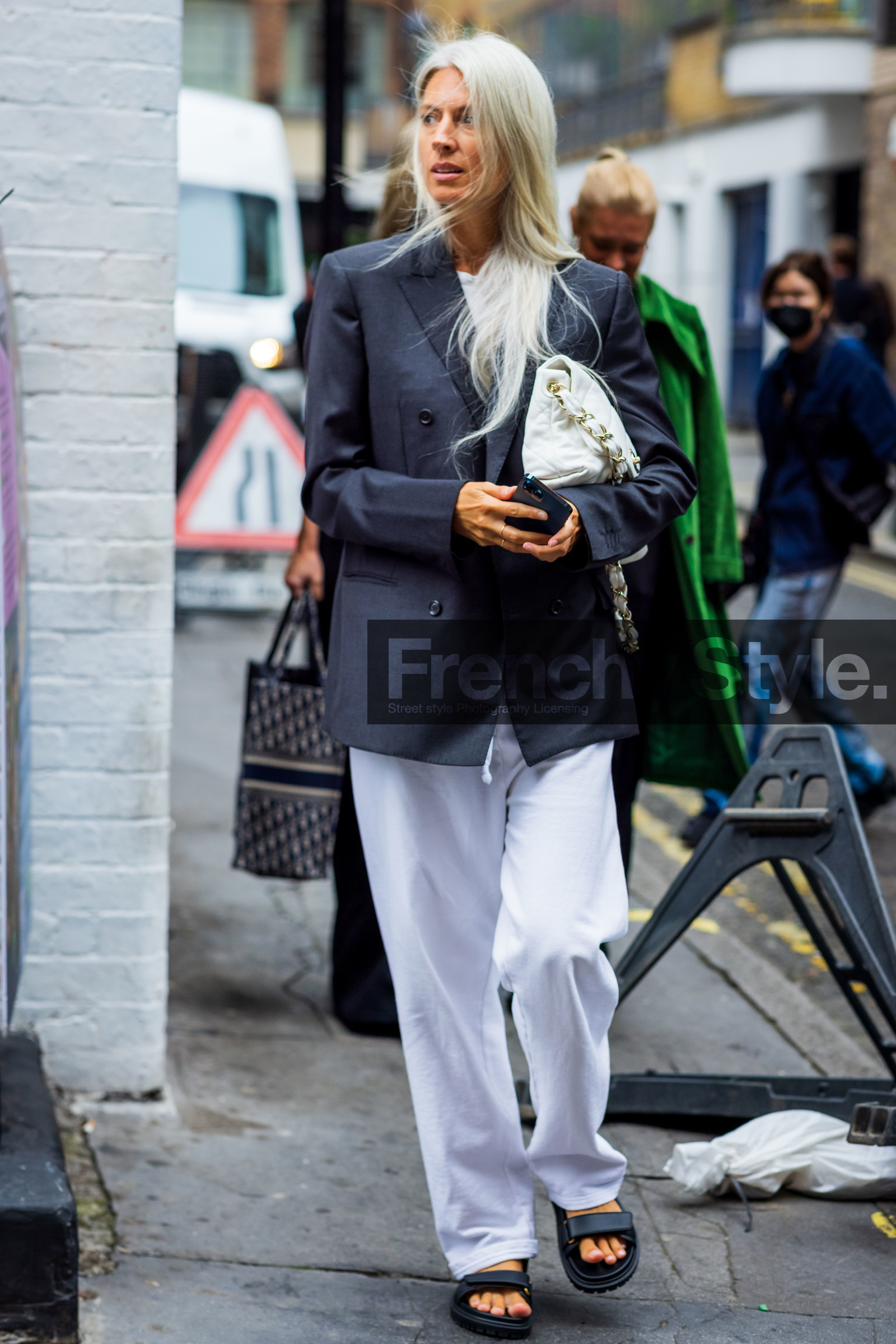 Sarah Harris, sandals, blazer, white, trousers, grey, chanel, chanel bag, flared pants, fashion week, frenchystyle, FW, jonathan paciullo, street style, SS 22, SPRING SUMMER 2022, LFW, LONDON, vertical, full length