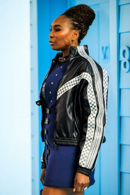 louis vuitton, checkered jacket, leather jacket, biker jacket, black jacket, blue dress, mini dress, buttoned dress, dark blue dress, golden loops, fashion week, frenchystyle, FW, jonathan paciullo, street style, PFW, PARIS, menswear, FALL WINTER 2022-2023, AUTUMN WINTER 2022-2023, FW 22-23, atmosphere details, detail, vertical