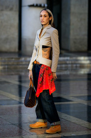 hera pradel, timberland shoes, camel suede boots, laced boots, flat boots, hiking boots, blue jeans, boyfriend jeans, brown leather bag, hand bag, monogrammed bag, louis vuitton bag, light beige jacket, openwork jacket, red scarf, printed scarf, louis vuitton scarf, tatoo, monogrammed scarf, denim, fashion week, frenchystyle, FW, jonathan paciullo, street style, PFW, PARIS, vertical, full length