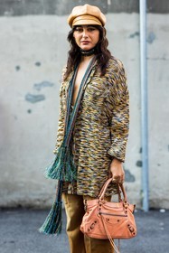 balenciaga bag, camel cap, camel pants, cap, color, colored scarf, fringes, leather bag, leather cap, lurex, Maria Bernad, missoni look, orange bag, printed shirt, scarf, striped scarf, striped shirt, stripes, yellow shirt, fashion week, frenchystyle, FW, jonathan paciullo, street style, SPRING SUMMER 2022, SS 22, MFW, MILAN, vertical, atmosphere details