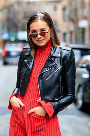 bernsteio, black jacket, black perfecto, danielle bernstein, leather jacket, leather perfecto, red jumpsuit, stripes, sunglasses, street style, jonathan paciullo, frenchystyle, NYFW, NEW YORK, AUTUMN WINTER 2019-2020, AW 19-20, FALL WINTER 2019-2020, FW 19-20, fashion week, FW, vertical, atmosphere details, detail