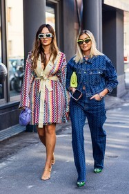 belted jacket, blue sunglasses, bottega veneta bag, color, colorful, colorful jacket, gucci sunglasses, leather bag, missoni look, print, printed jacket, purple bag, strass, sunglasses, yellow mules, cateye sunglasses, denim, denim jacket, denim pants, green heels, jean, leather bag, missoni look, print, small bag, strass, sunglasses, total look, yellow bag, yellow sunglasses, fashion week, frenchystyle, FW, jonathan paciullo, street style, SPRING SUMMER 2022, SS 22, MFW, MILAN, vertical, full length