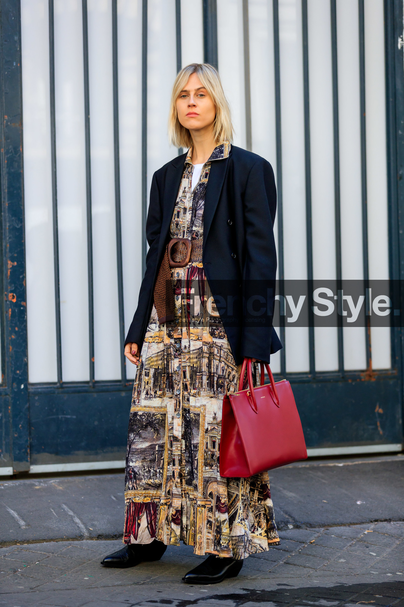 black jacket, black shoes, blazer, brown belt, brown dress, graphic dress, leather bag, leather shoes, linda tol, printed dress, red bag, fashion week, frenchystyle, FW, jonathan paciullo, street style, PFW, PARIS, AUTUMN WINTER 2019-2020, AW 19-20, FALL WINTER 2019-2020, FW 19-20, vertical, full length