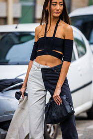 Nephtys Laurent, asymetrical jean, bag, bicolor pants, black and white, black bag, black denim, black pouch, black top, boots, crop top, cut out top, denim jacket, jacket, jean, leather bag, leather pouch, Nephtys Laurent, top, white denim, fashion week, frenchystyle, FW, jonathan paciullo, street style, PFW, PARIS, SPRING SUMMER 2022, SS 22, vertical, atmosphere details