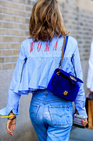 atmosphere details, back detail, blue bag, blue denim, blue shirt, denim pants, detail, fashion week, frenchystyle, FW, graphic shirt, gucci, jeans, jonathan paciullo, message, NEW YORK, NYFW, printed shirt, rachael wang, ruffles, SPRING SUMMER 2018, SS 18, street style, striped shirt, stripes, trousers, velvet, vertical