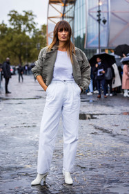 boots, Caroline de Maigret, jacket, khaki jacket, pants, tshirt, white boots, white denim, white pants, white tshirt, fashion week, frenchystyle, FW, jonathan paciullo, street style, PFW, PARIS, SPRING SUMMER 2022, SS 22, vertical, full length