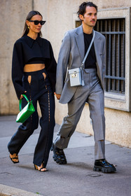 Alice Barbier, bag, black crop top, black derbies, black jacket, black pants, black sandals, black sunglasses, black t-shirt, blazer, couple, crop jacket, crop top, crossbody bag, cut out, derbies, duo, green bag, grey bag, grey blazer, grey pants, grey suit, high waist pants, Jean-Sebastien Roques, leather bag, menswear, sunglasses, street style, jonathan paciullo, FW, frenchystyle, fashion week, PFW, PARIS, SPRING SUMMER 2022, SS 22, vertical, full length