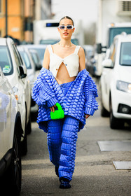 white sunglasses, furry handbag, fluo green mini bag, buttoned cropped top, white cropped top, puffed jacket, pearls, fashion week, frenchystyle, FW, jonathan paciullo, street style, vertical, full length