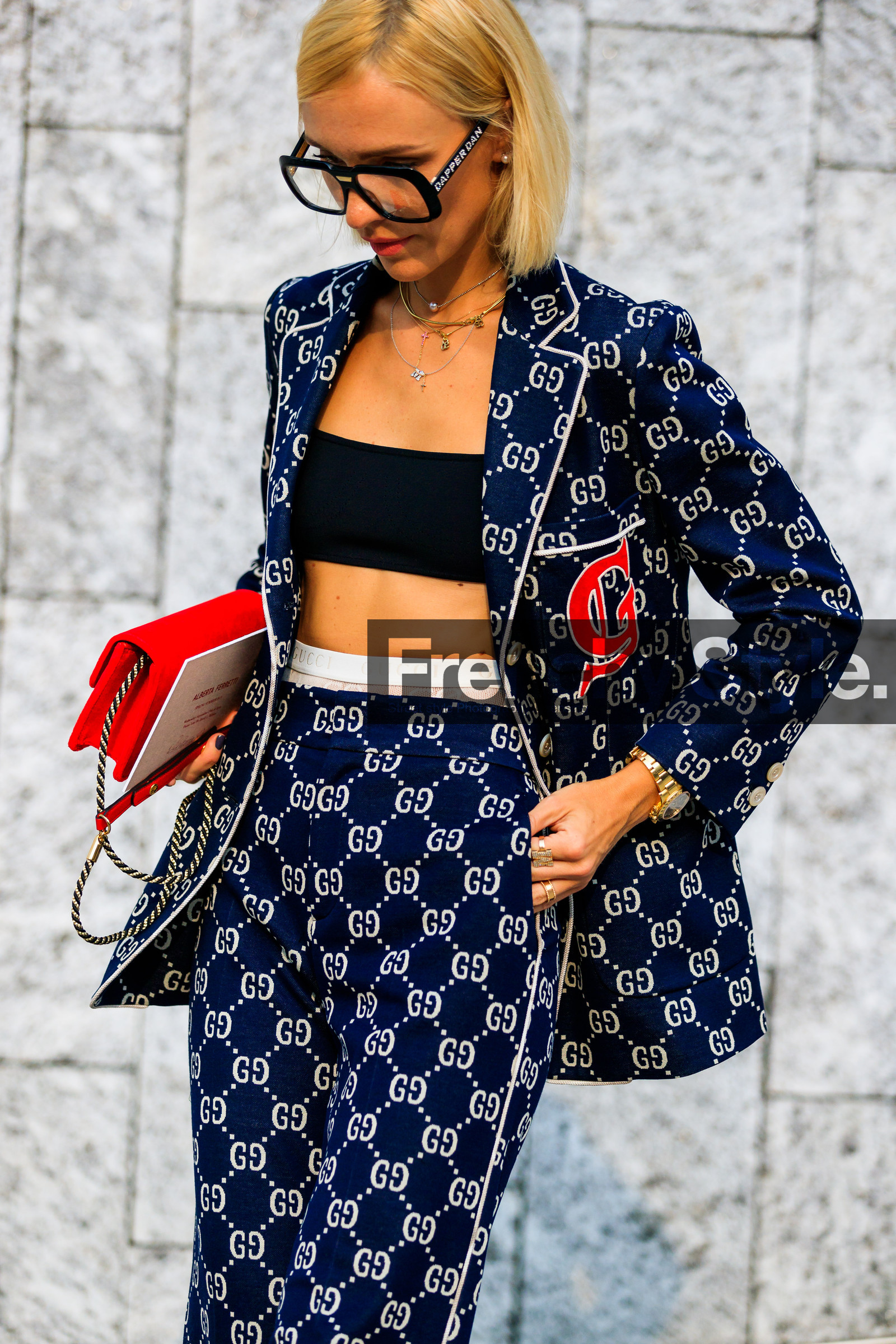 black bra, blue jacket, blue pants, graphic jacket, graphic pants, gucci, leather bag, printed jacket, printed pants, red bag, sunglasses, trousers, viktoria rader, fashion week, frenchystyle, FW, jonathan paciullo, street style, MFW, MILAN, SPRING SUMMER 2019, SS 19, vertical, atmosphere details, detail