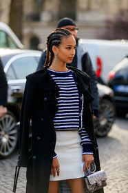 plaited hair, dangling earrings, diamond earrings, strassed earrings, logo earrings, chanel earrings, navy blue cardigan, white cardigan, white leather skirt, striped cardigan, plaited cardigan, button cardigan, sailor cardigan, mini skirt, silvered bag, hand bag, quilted bag, silvered earrings, chanel bag, chanel coat, chanel cardigan, chanel skirt, black coat, ruffle coat, fashion week, frenchystyle, FW, jonathan paciullo, street style, PFW, PARIS, vertical, atmosphere details, detail