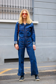 AUTUMN WINTER 2017-2018, AW 17-18, black shoes, blue denim, denim jumpsuit, denim pants, FALL WINTER 2017-2018, fashion week, Frederikke Sofie Falbe-Hansen, frenchystyle, full length, fun sunglasses, FW, FW 17-18, jeans, jonathan paciullo, leather shoes, MFW, MILAN, model, street style, sunglasses, trousers, vertical
