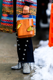 AUTUMN WINTER 2017-2018, AW 17-18, black and white shoes, black denim, brown bag, denim pants, detail, embroidered coat, FALL WINTER 2017-2018, fashion week, frenchystyle, FW, FW 17-18, geometric, graphic bag, high heels, jeans, jonathan paciullo, laser cut, leather bag, multicolor jacket, NEW YORK, NYFW, polka dot, printed boots, street style, tamu mcpherson, trousers, vertical, wood bag
