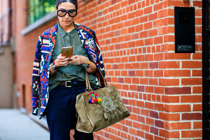 atmosphere details, beige bag, blue jacket, brown belt, detail, embroidered bag, fashion week, frenchystyle, FW, green shirt, horizontal, iphone, jonathan paciullo, leather belt, navy pants, NEW YORK, NYFW, pompons, printed jacket, SPRING SUMMER 2017, SS 17, street style, studded bag, suede bag, sunglasses, trousers, Véronique Tristram, woman