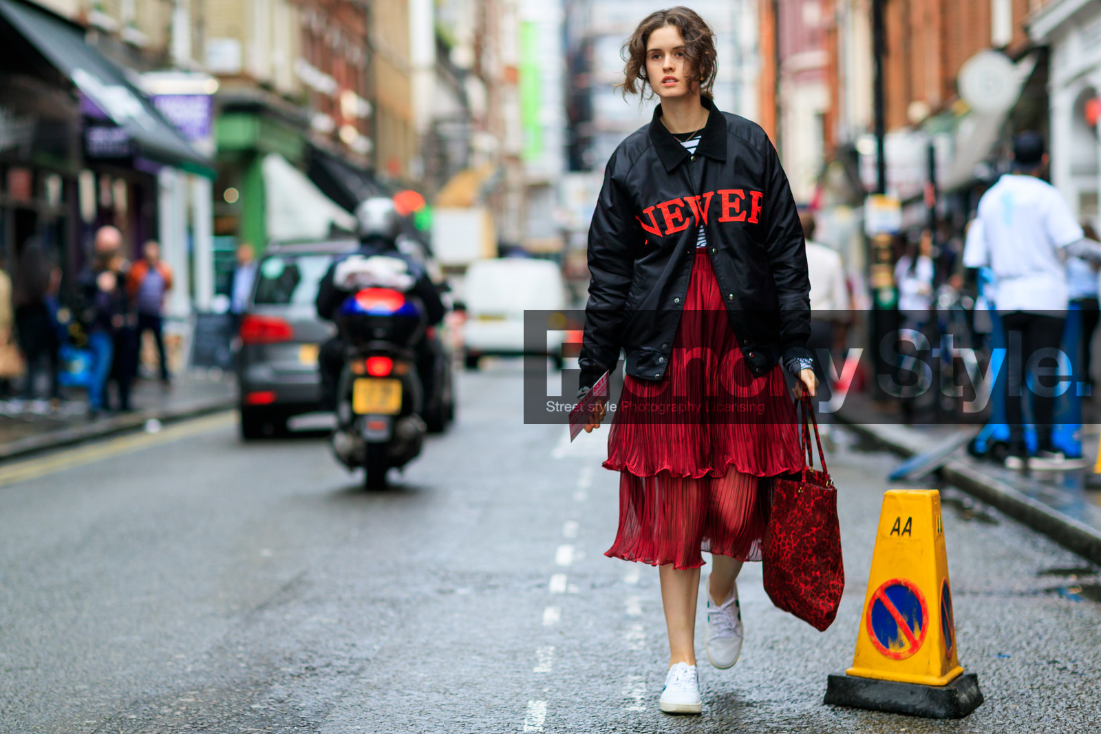 atmosphere details, black jacket, bomber jacket, fashion week, frenchystyle, full length, FW, horizontal, jonathan paciullo, leather sneakers, LFW, LONDON, pleated dress, red dress, SPRING SUMMER 2017, SS 17, street style, velvet, white sneakers, woman