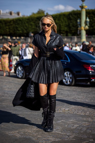 bag, belt, black bag, black belt, black boots, black coat, black dress, black sunglasses, boots, dior belt, dress, high boots, leather belt, leather boots, leather dress, pleated dress, quilted bag, Romee Strijd, short dress, sunglasses, street style, jonathan paciullo, FW, frenchystyle, fashion week, PFW, PARIS, SPRING SUMMER 2022, SS 22, vertical, atmosphere details, model