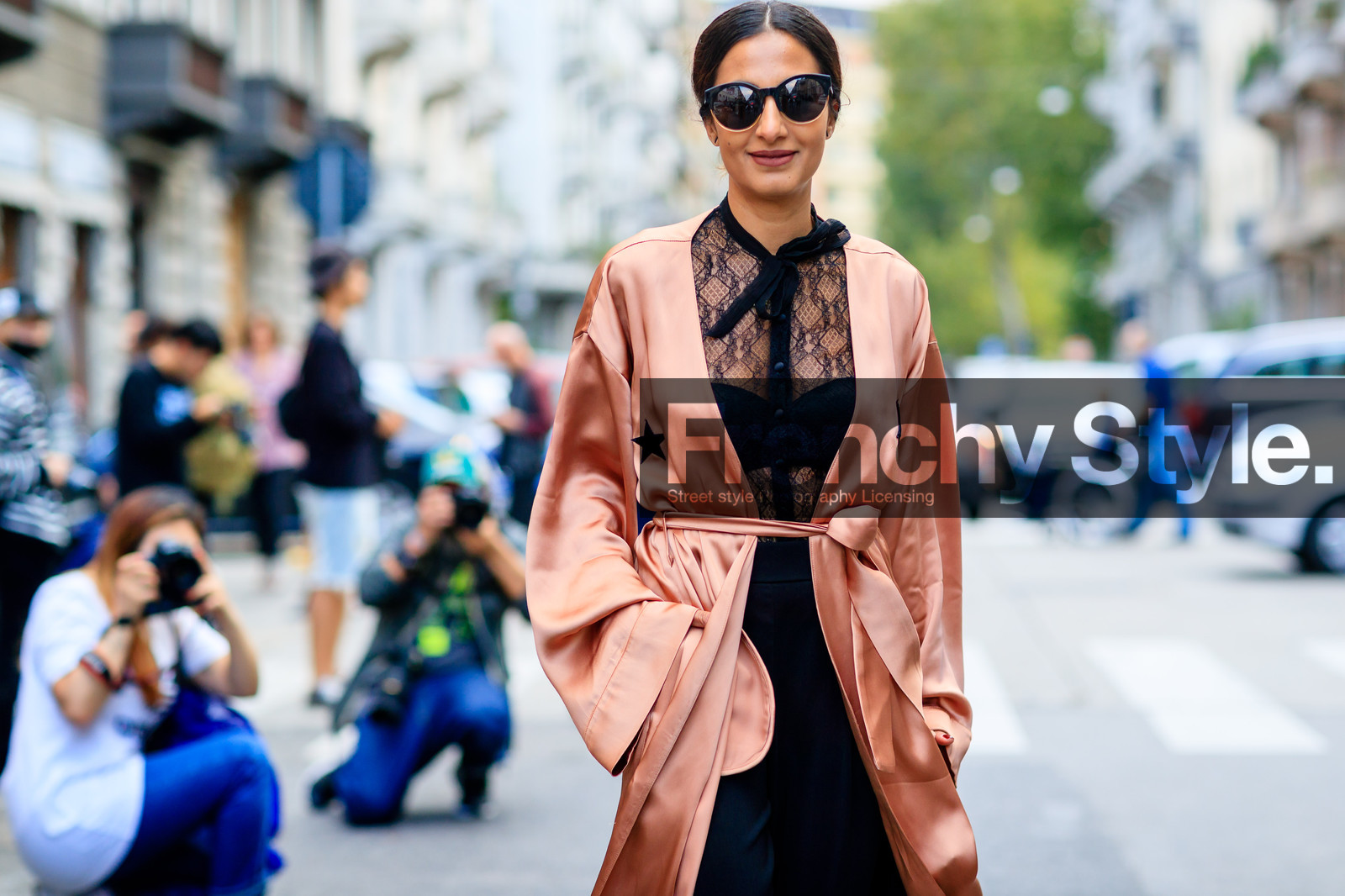 atmosphere details, black bra, black pants, black shirt, detail, fashion week, frenchystyle, FW, horizontal, jonathan paciullo, MFW, MILAN, nausheen shah, pink jacket, robe, see through, silk shirt, SPRING SUMMER 2017, SS 17, street style, sunglasses, trousers