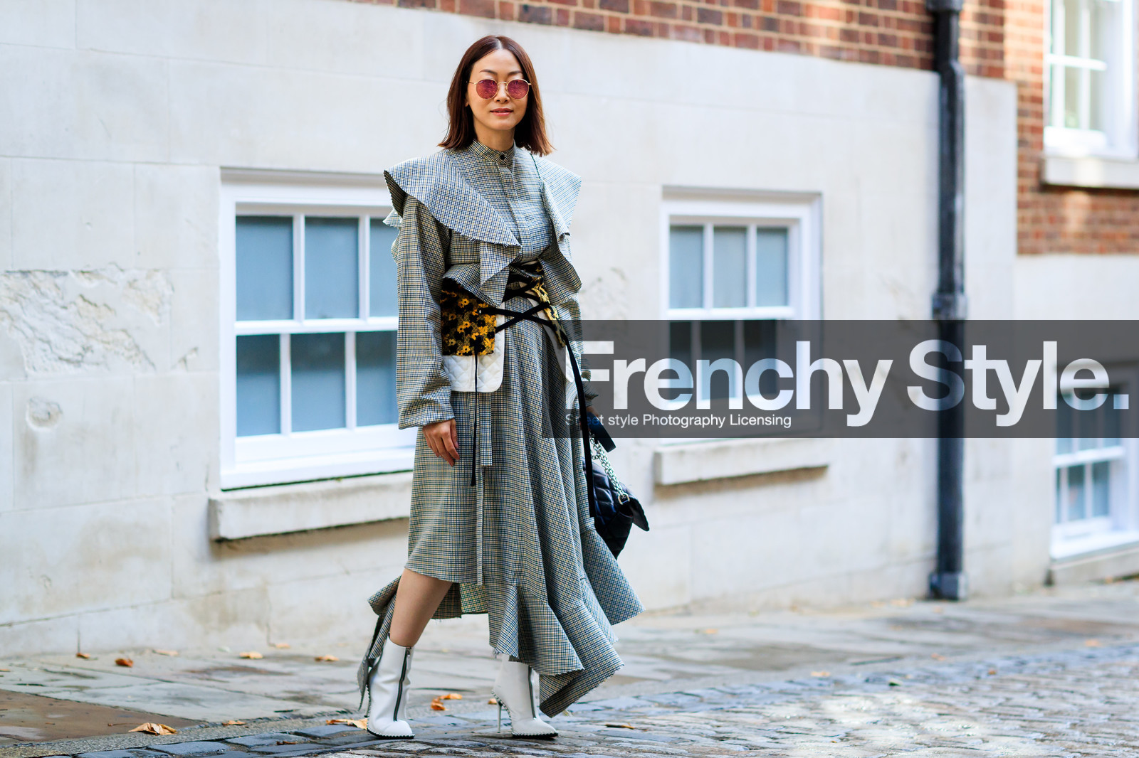 atmosphere details, checked dress, corset, fashion week, floral, flowers, frenchystyle, full length, FW, graphic dress, grey dress, high heels, horizontal, jonathan paciullo, leather shoes, LFW, LONDON, maiko shibata, printed dress, ruffles, SPRING SUMMER 2018, SS 18, street style, white boots