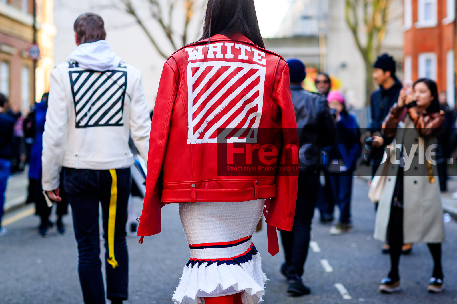 atmosphere details, AUTUMN WINTER 2017-2018, AW 17-18, back detail, detail, FALL WINTER 2017-2018, fashion week, frenchystyle, FW, FW 17-18, horizontal, jonathan paciullo, leather jacket, leather perfecto, LFW, LONDON, off white, over the shoulder, pleated skirt, printed jacket, red jacket, street style, striped jacket, tights, white skirt
